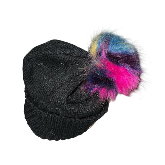 Black Knit Beanie With Multicolor Faux Fur Pom & Heart Accent One Size Womens - Picture 2 of 7